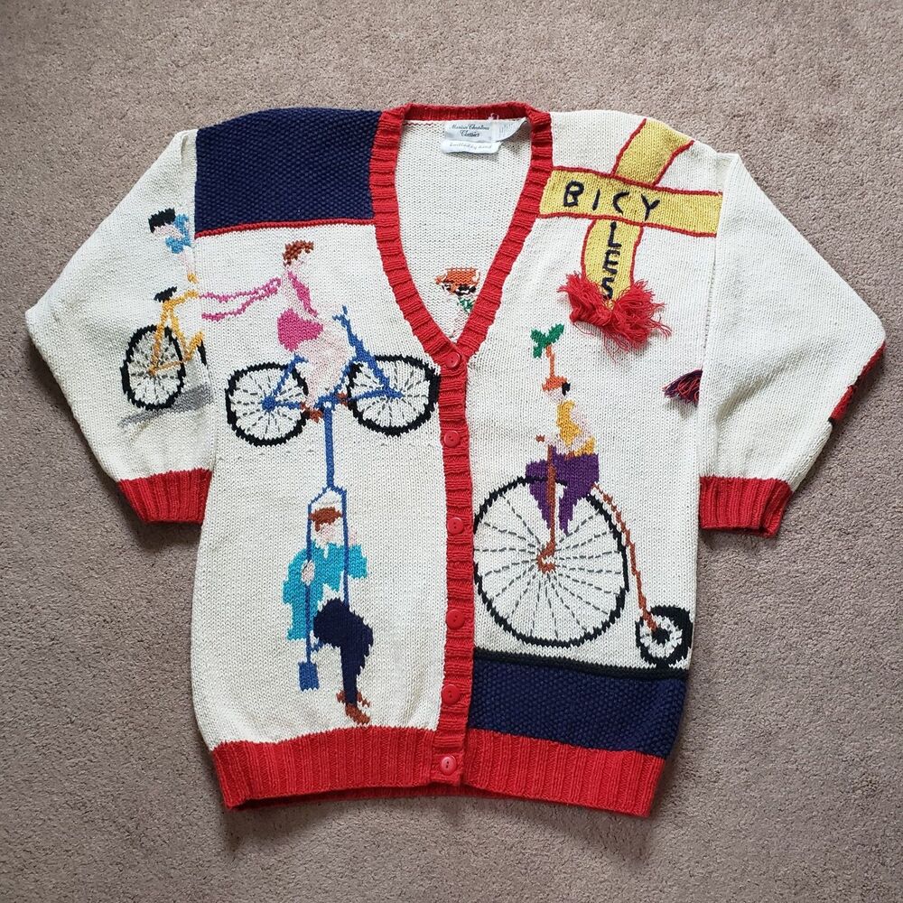 Vintage 90s Cycling Fun All Over Hand Knit Cardigan by Marisa Christina Classics